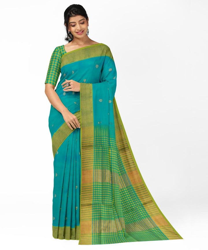 Cyan blue green cotton silk handwoven venkatagiri saree