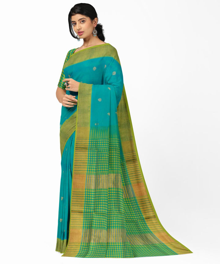Cyan blue green cotton silk handwoven venkatagiri saree