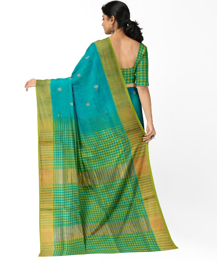 Cyan blue green cotton silk handwoven venkatagiri saree