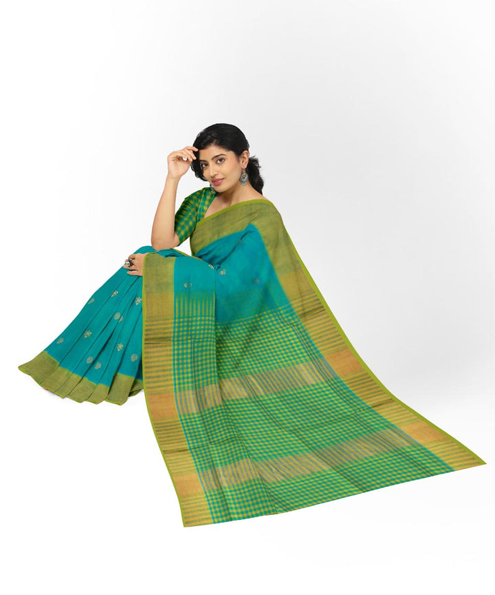 Cyan blue green cotton silk handwoven venkatagiri saree