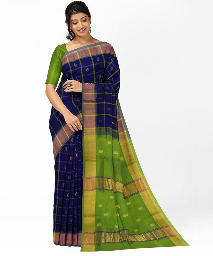 Navy blue green checked cotton silk handwoven venkatagiri saree