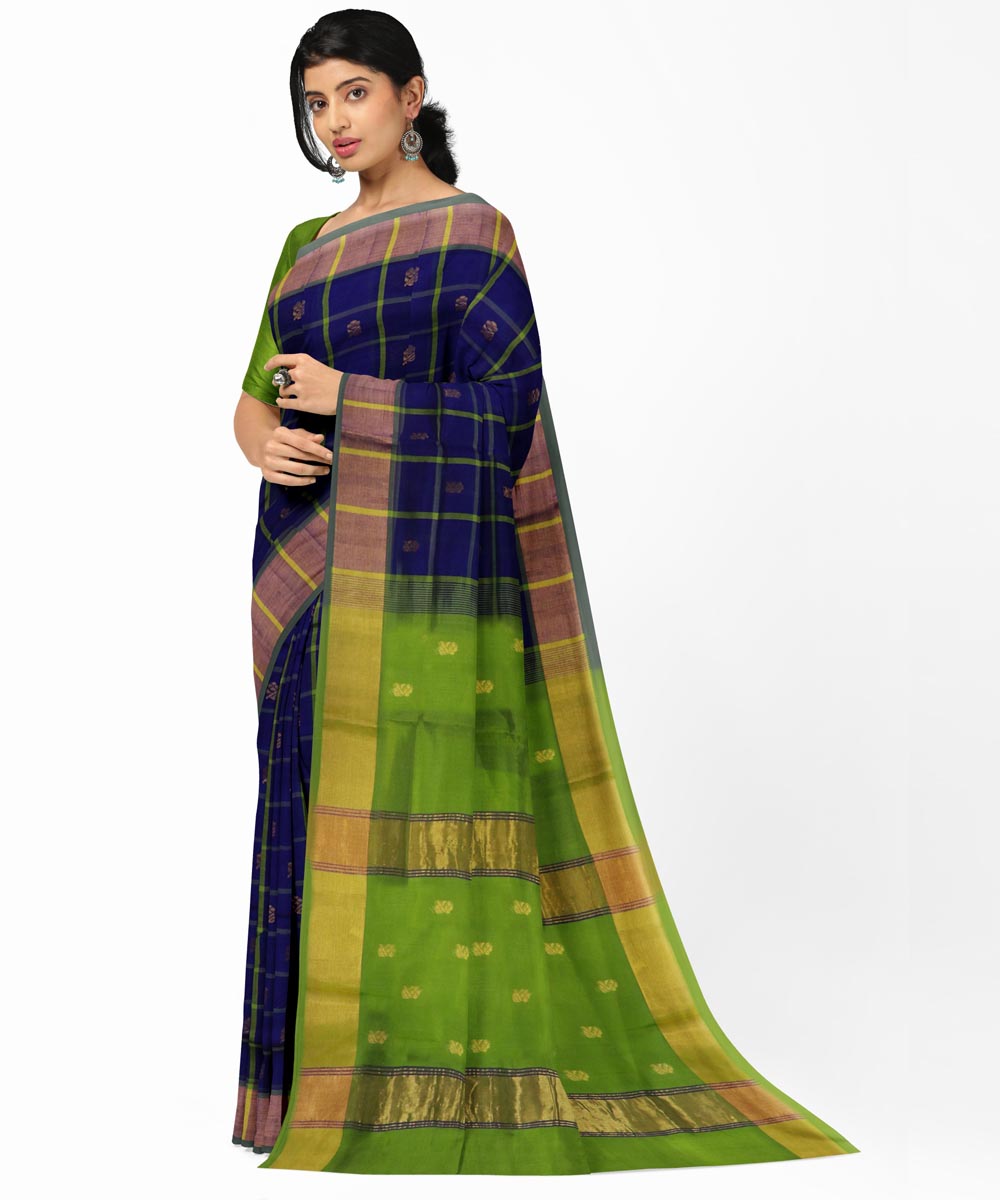 Navy blue green checked cotton silk handwoven venkatagiri saree