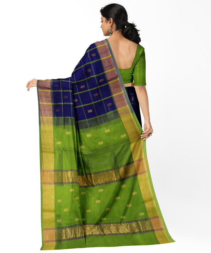 Navy blue green checked cotton silk handwoven venkatagiri saree
