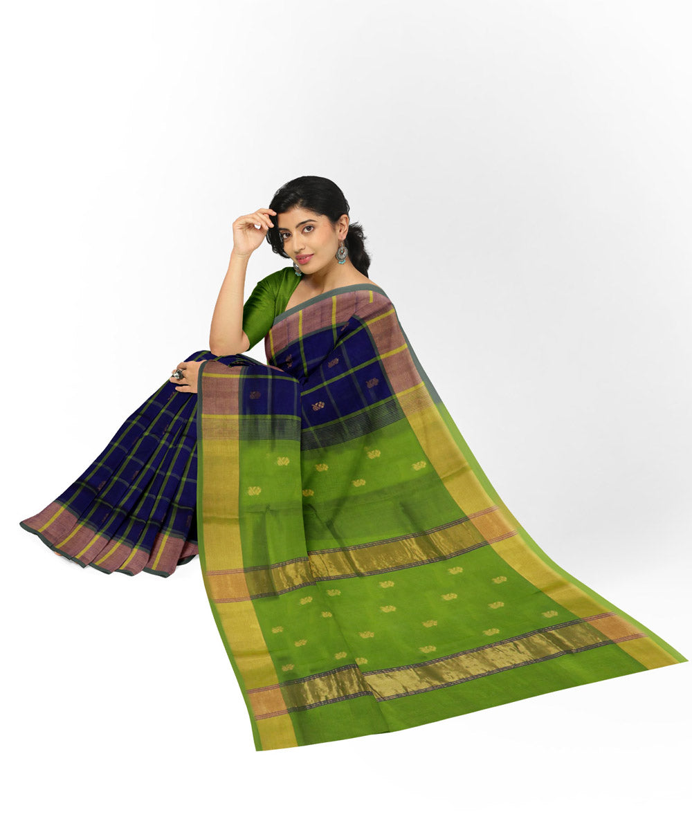 Navy blue green checked cotton silk handwoven venkatagiri saree