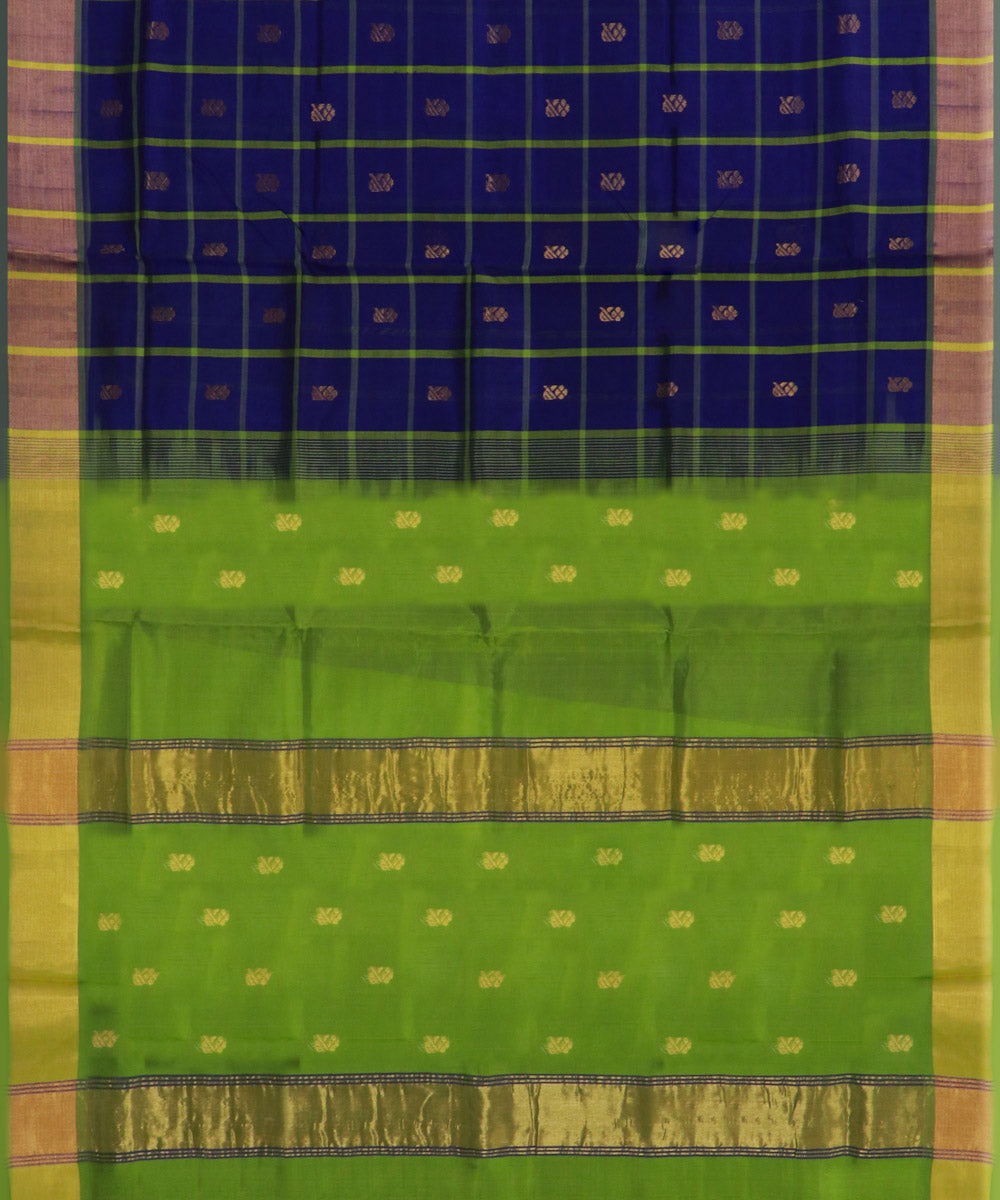 Navy blue green checked cotton silk handwoven venkatagiri saree