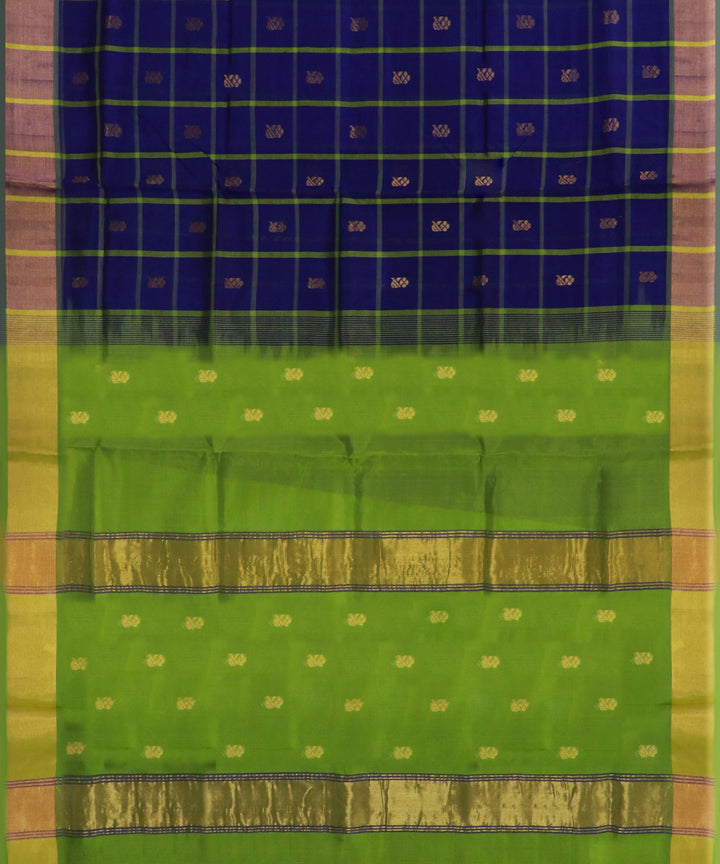 Navy blue green checked cotton silk handwoven venkatagiri saree