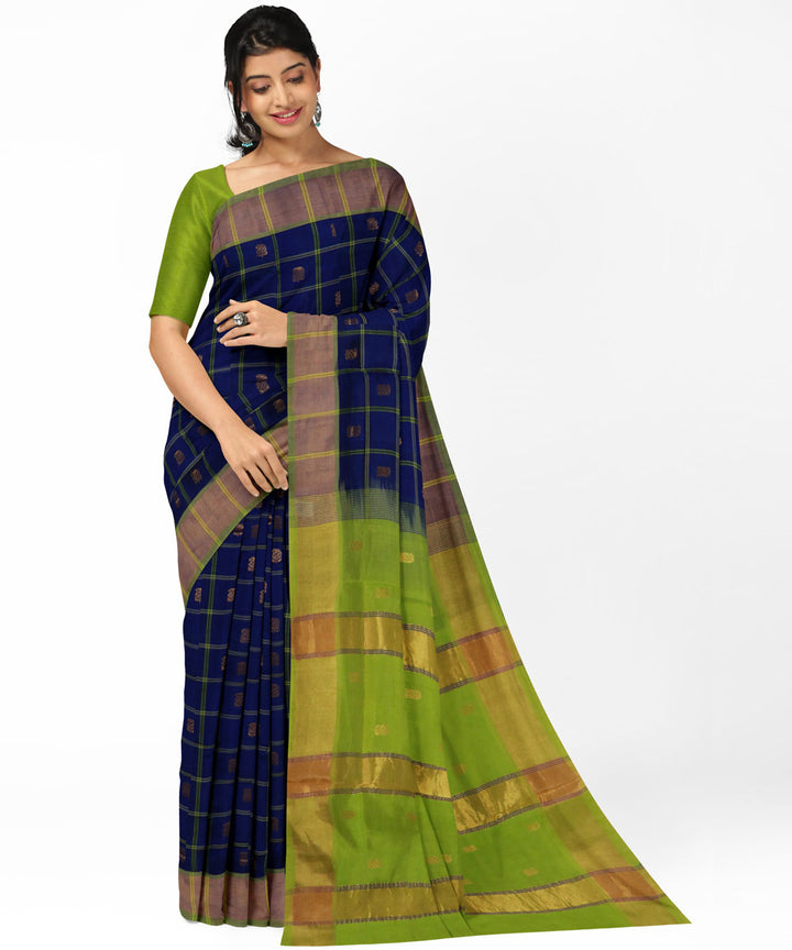 Navy blue green cotton silk checked handwoven venkatagiri saree