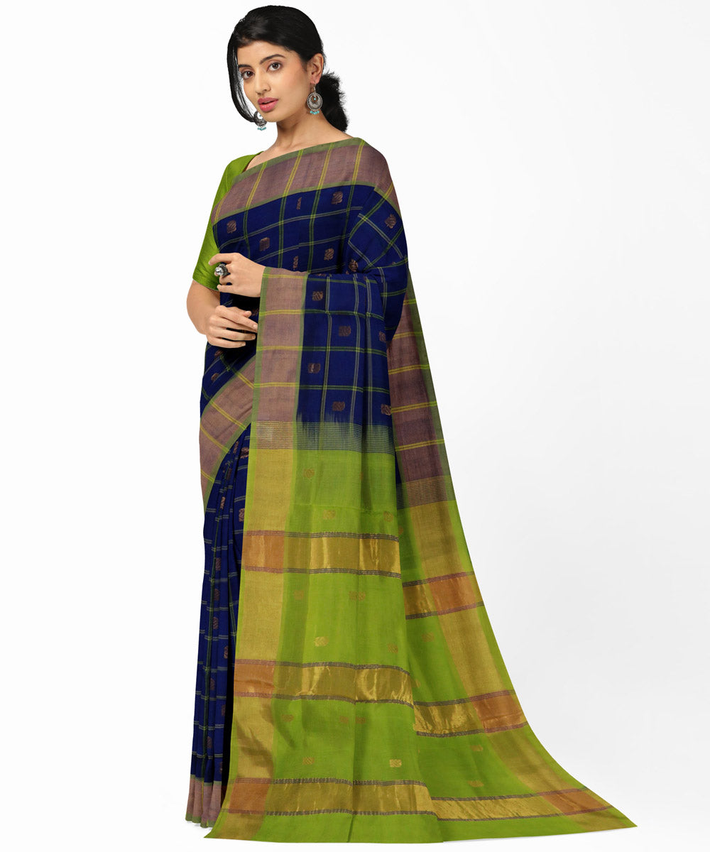 Navy blue green cotton silk checked handwoven venkatagiri saree