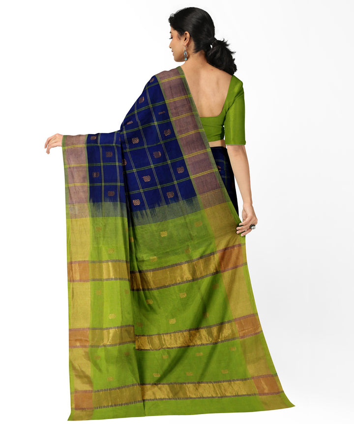 Navy blue green cotton silk checked handwoven venkatagiri saree