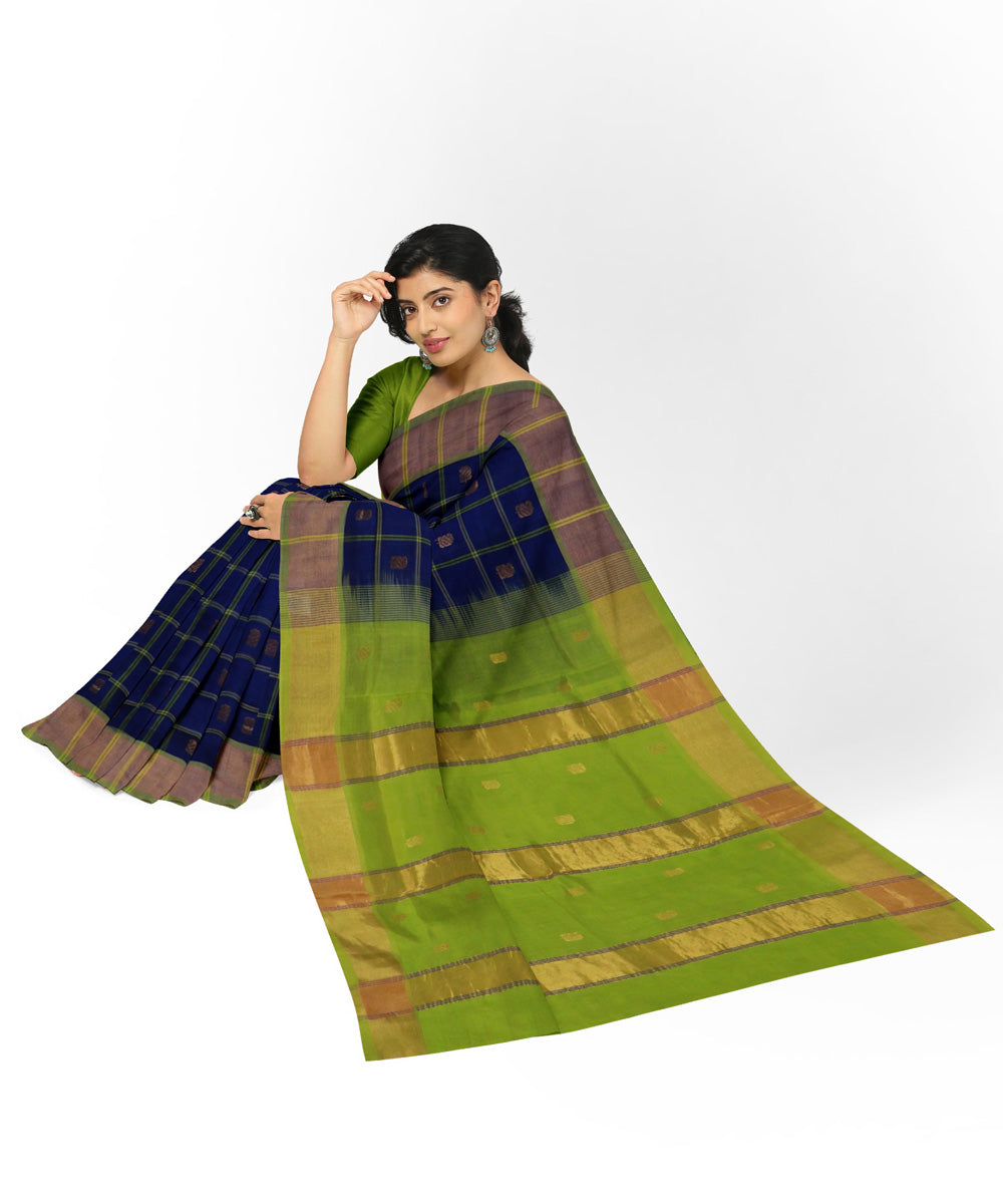 Navy blue green cotton silk checked handwoven venkatagiri saree