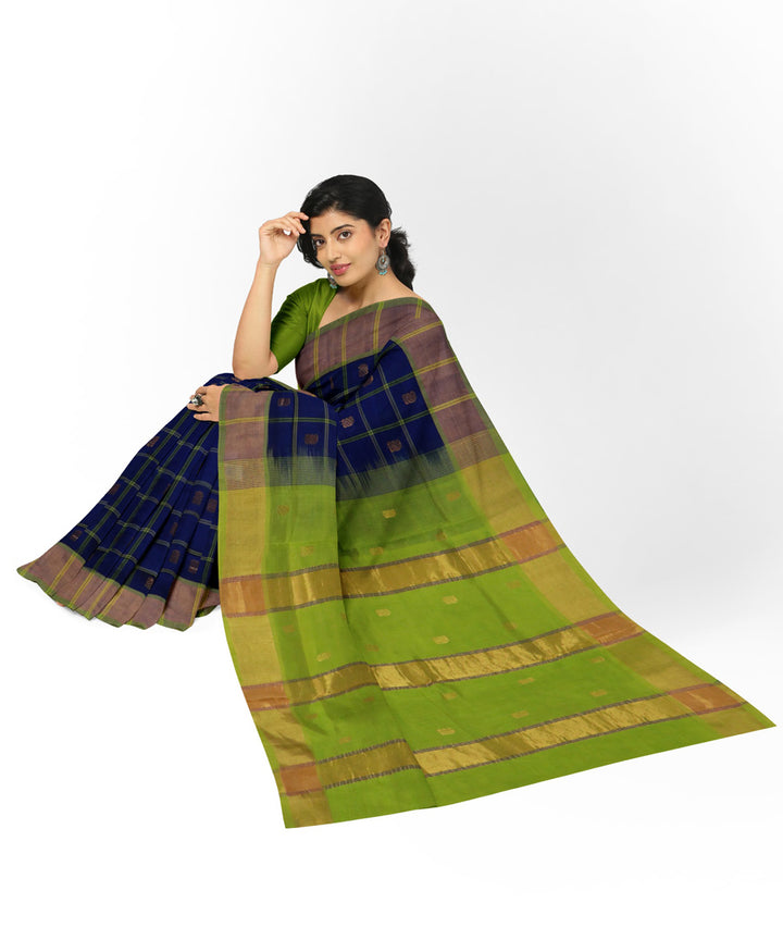 Navy blue green cotton silk checked handwoven venkatagiri saree