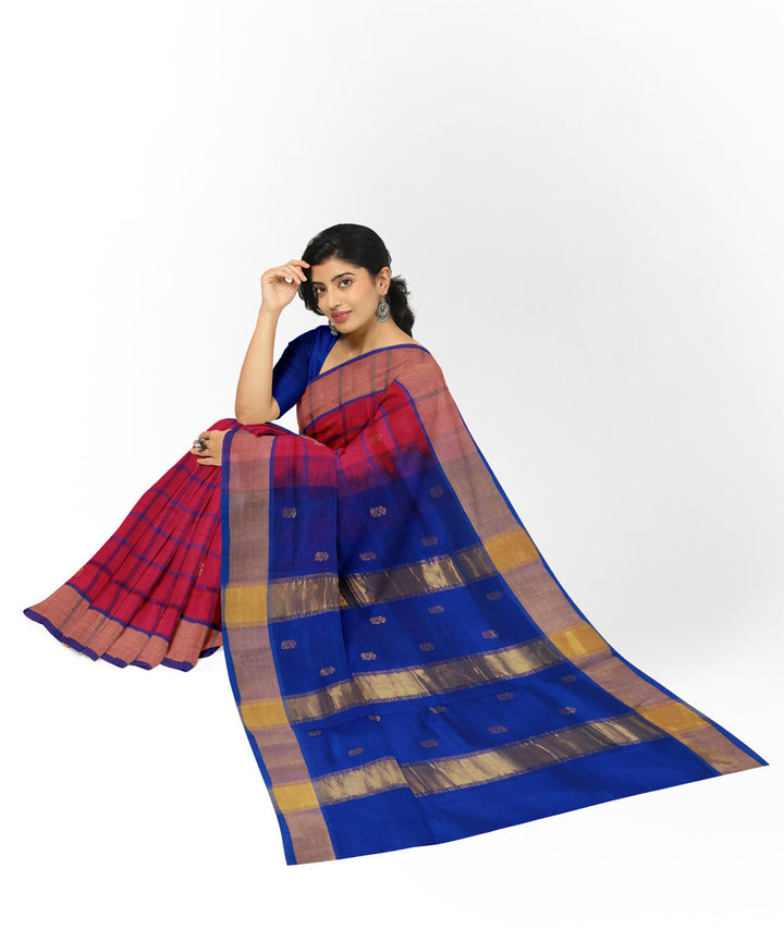 Pink blue cotton silk handwoven venkatagiri saree