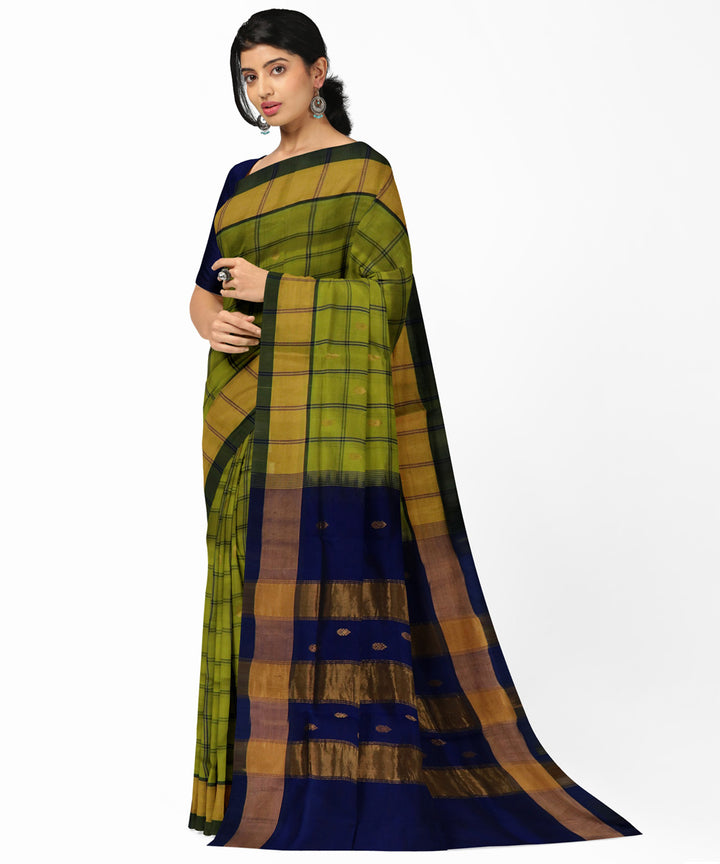 Lime green navy blue cotton silk handwoven venkatagiri saree