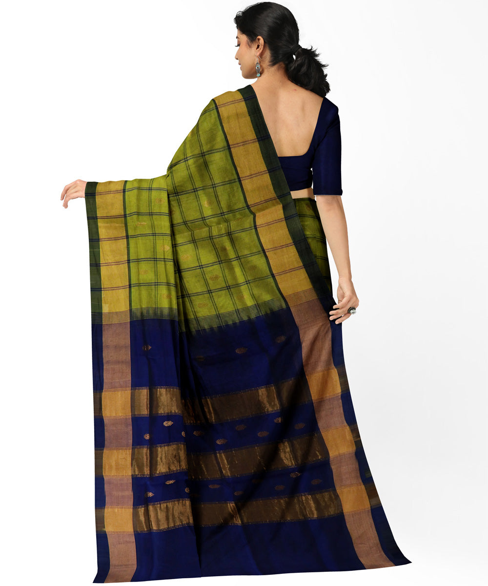 Lime green navy blue cotton silk handwoven venkatagiri saree