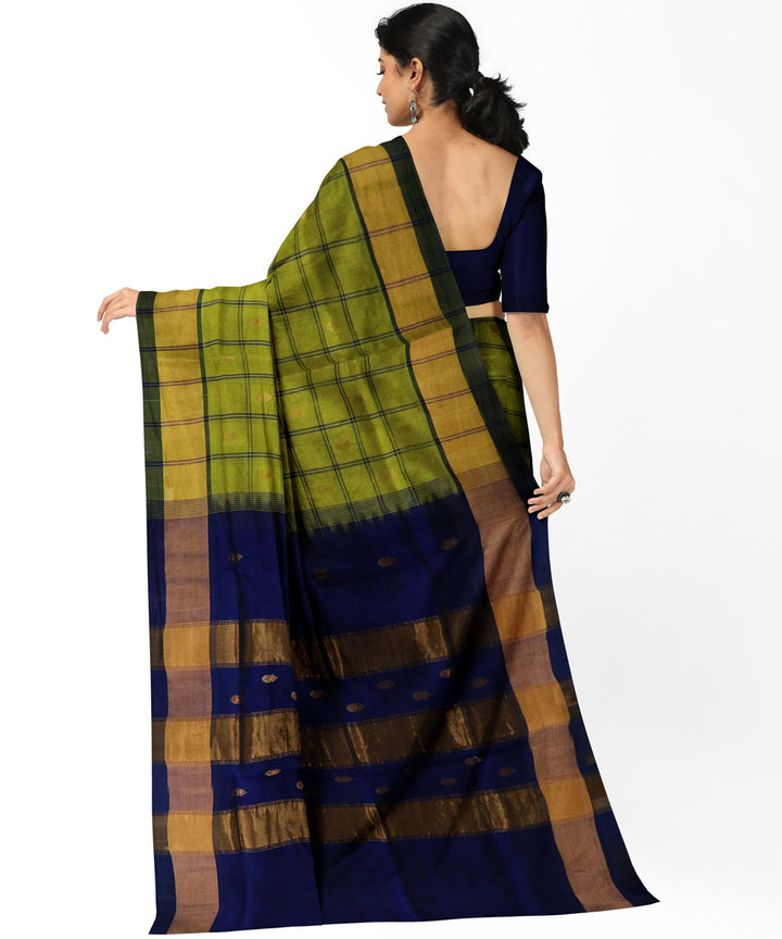 Lime green navy blue cotton silk handwoven venkatagiri saree