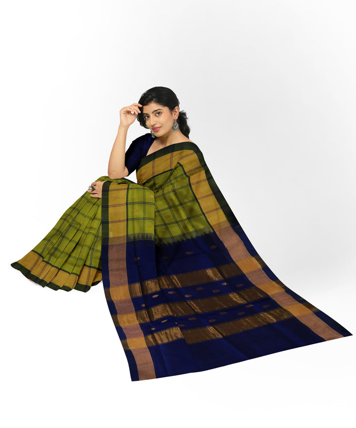 Lime green navy blue cotton silk handwoven venkatagiri saree