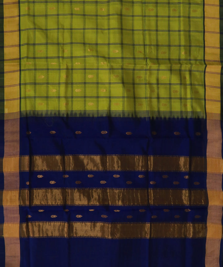 Lime green navy blue cotton silk handwoven venkatagiri saree