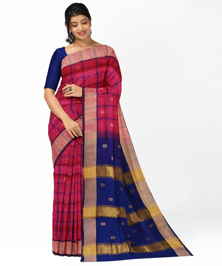 Pink navy blue cotton silk handwoven venkatagiri saree