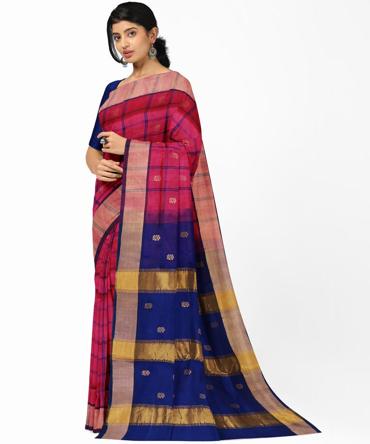 Pink navy blue cotton silk handwoven venkatagiri saree