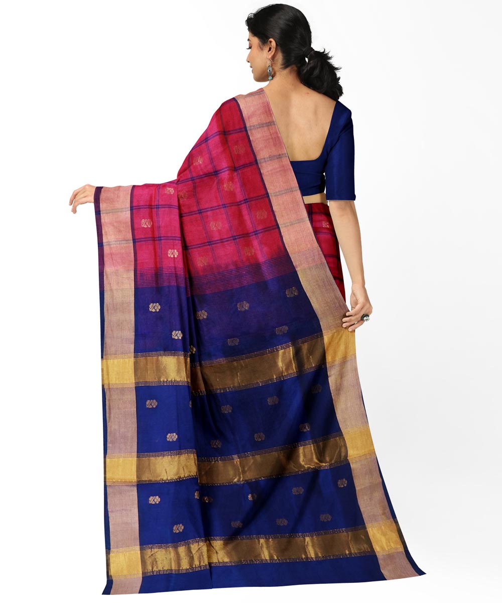 Pink navy blue cotton silk handwoven venkatagiri saree