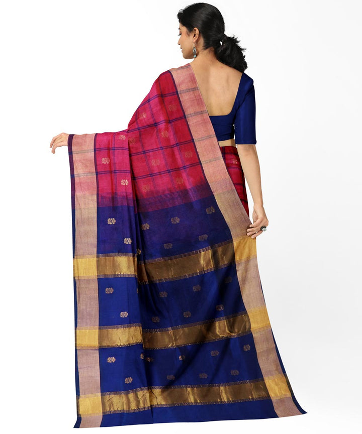 Pink navy blue cotton silk handwoven venkatagiri saree