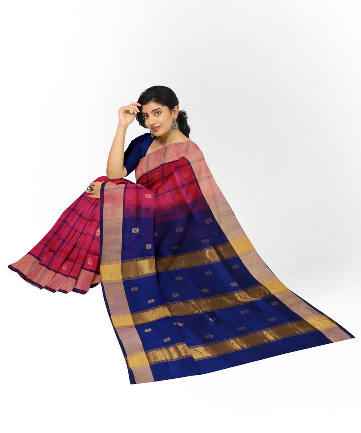 Pink navy blue cotton silk handwoven venkatagiri saree