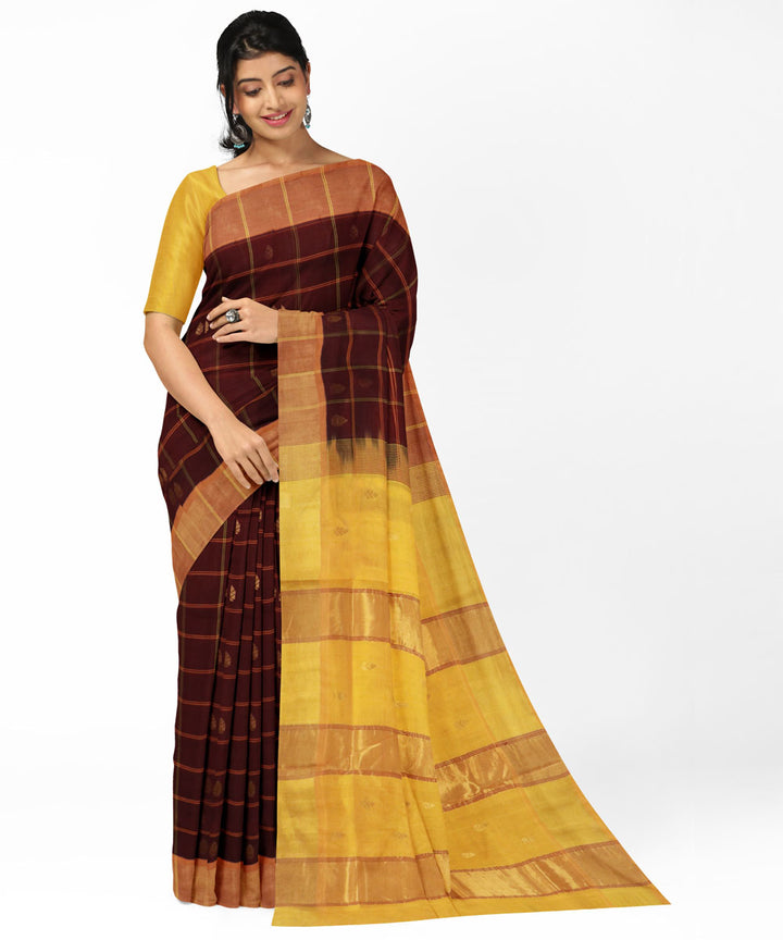 Brown yellow handwoven cotton silk venkatagiri saree