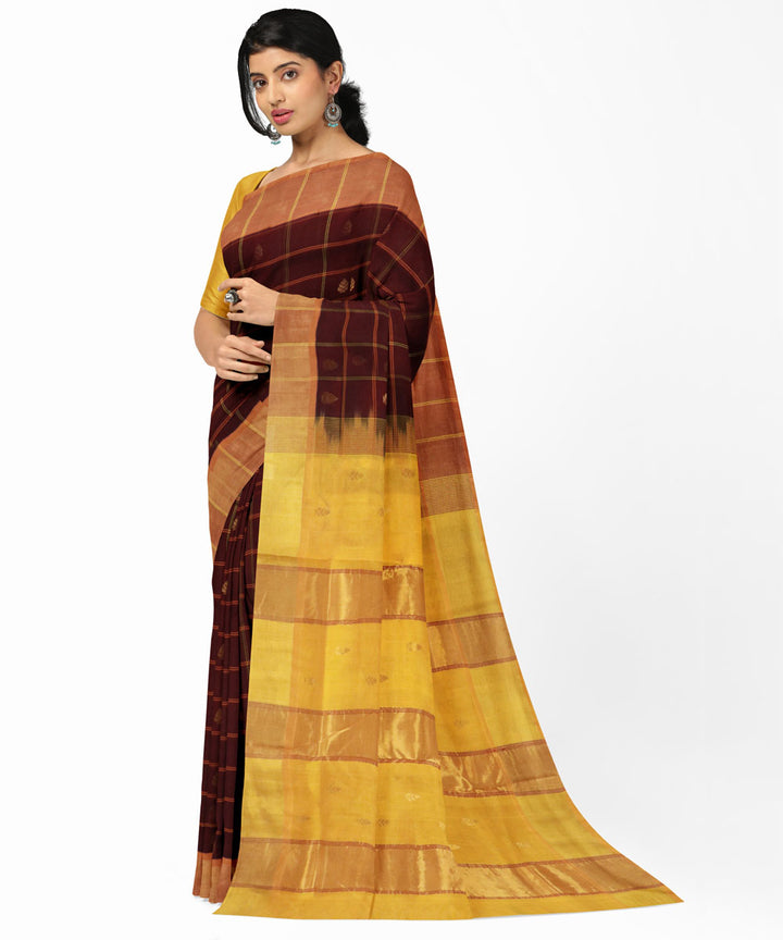 Brown yellow handwoven cotton silk venkatagiri saree
