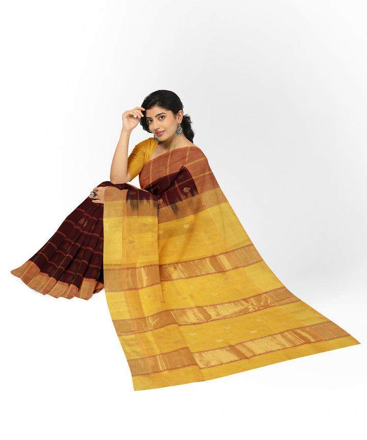 Brown yellow handwoven cotton silk venkatagiri saree