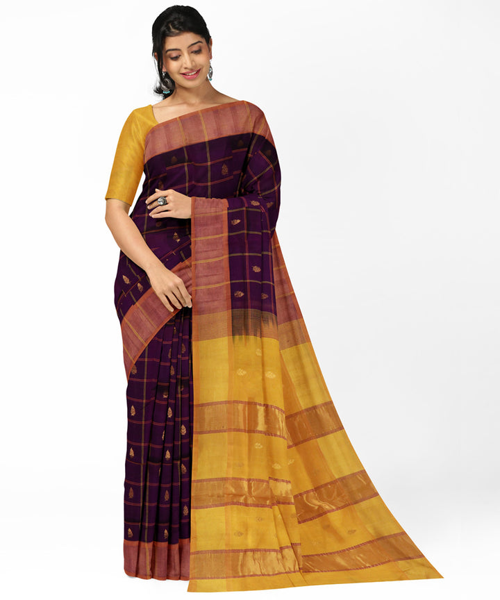 Brown yellow handwoven venkatagiri cotton silk saree