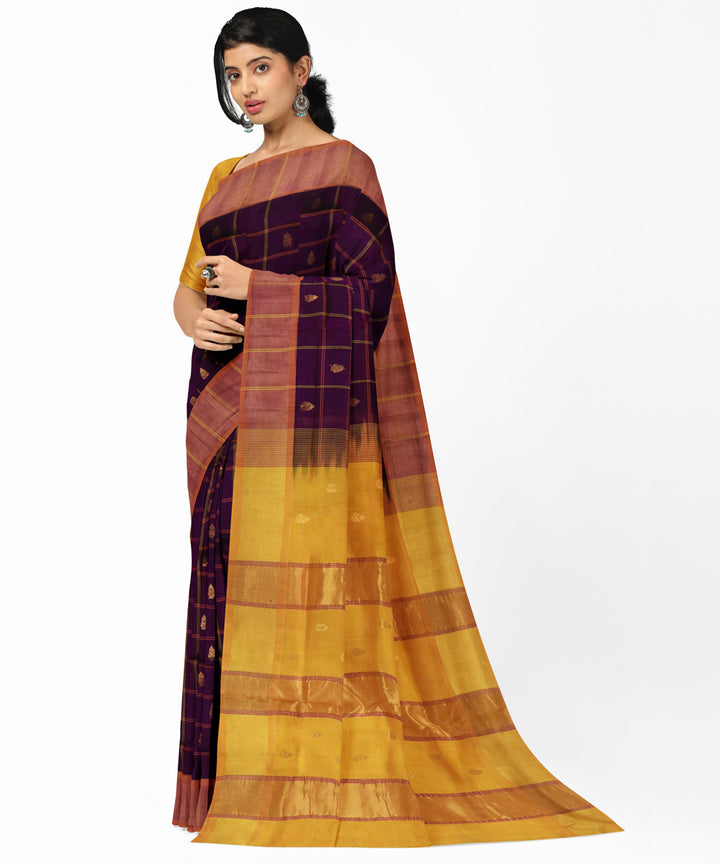 Brown yellow handwoven venkatagiri cotton silk saree