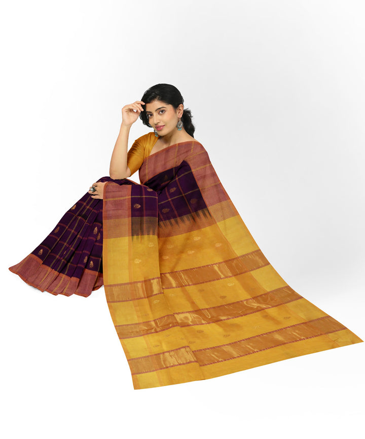 Brown yellow handwoven venkatagiri cotton silk saree
