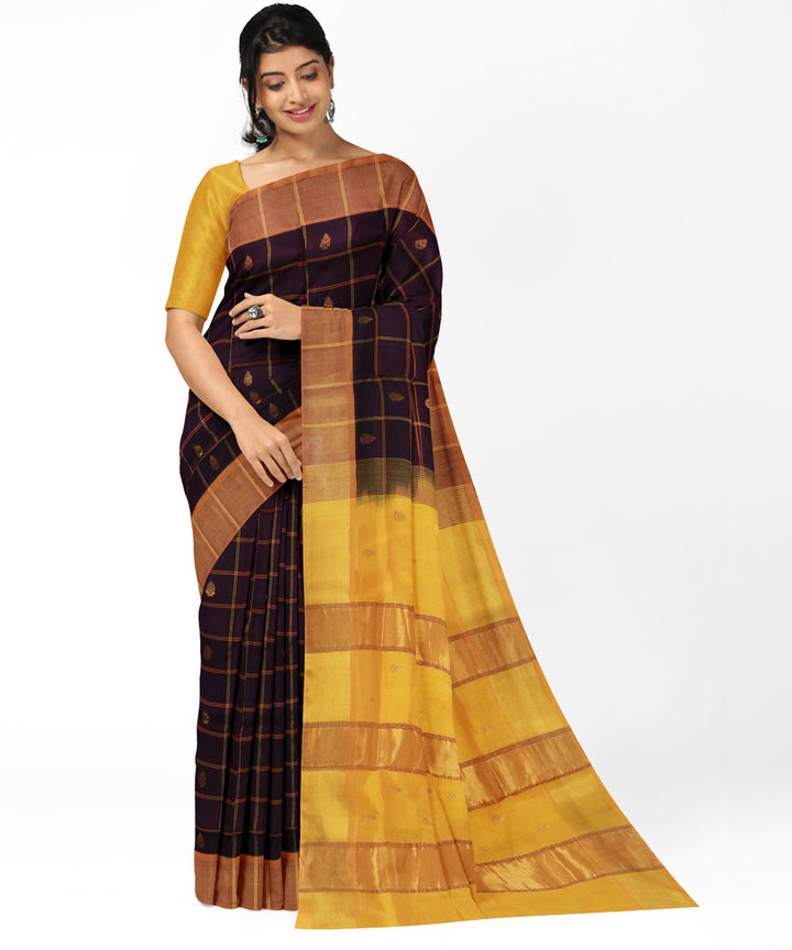 Brown yellow cotton silk handwoven venkatagiri saree