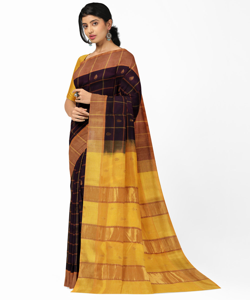 Brown yellow cotton silk handwoven venkatagiri saree