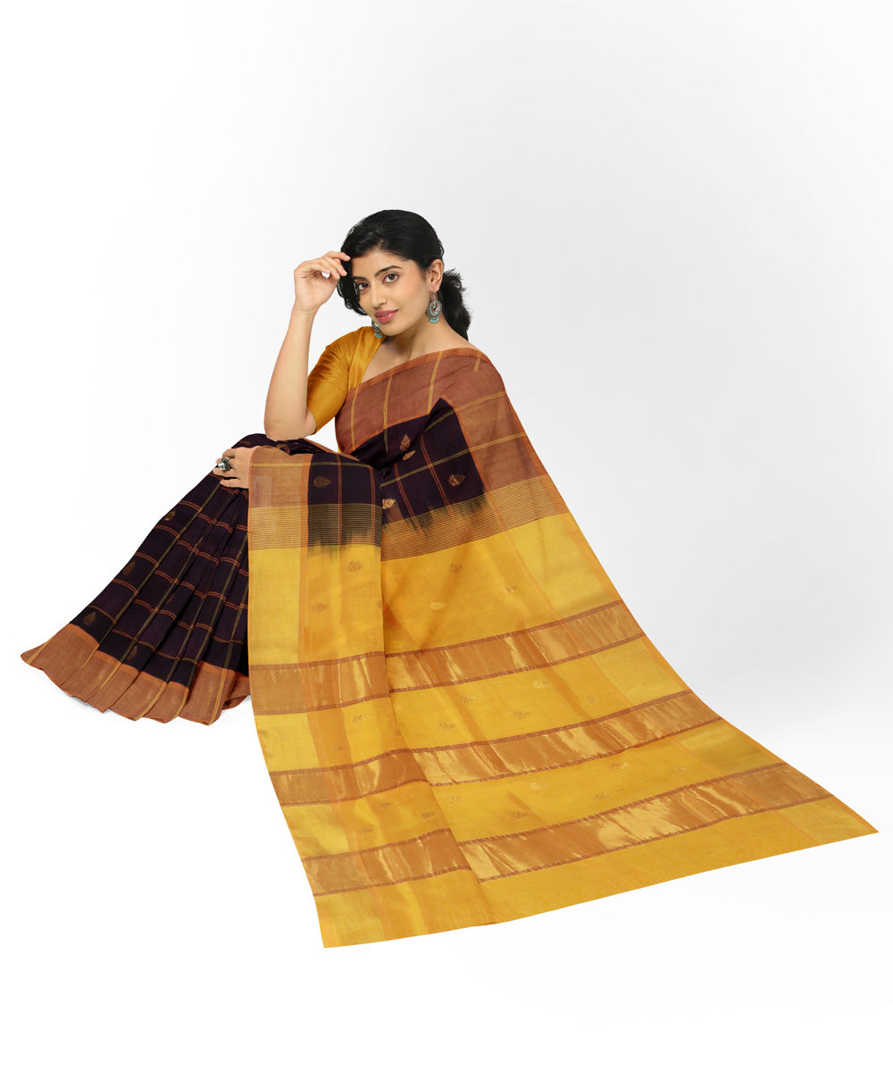 Brown yellow cotton silk handwoven venkatagiri saree