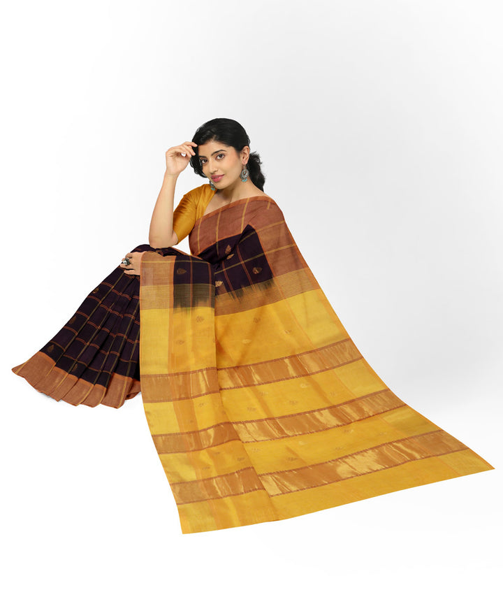 Brown yellow cotton silk handwoven venkatagiri saree