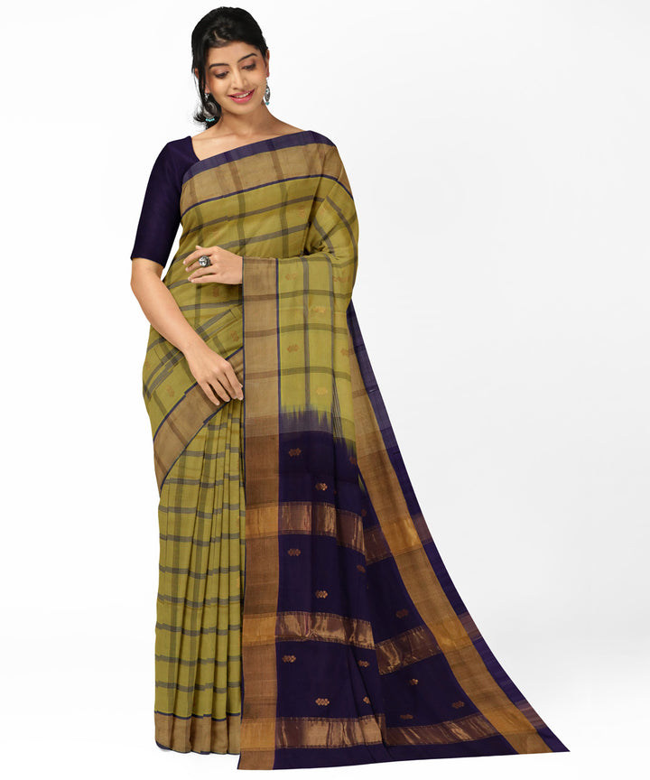Lime green brown cotton silk handwoven venkatagiri saree