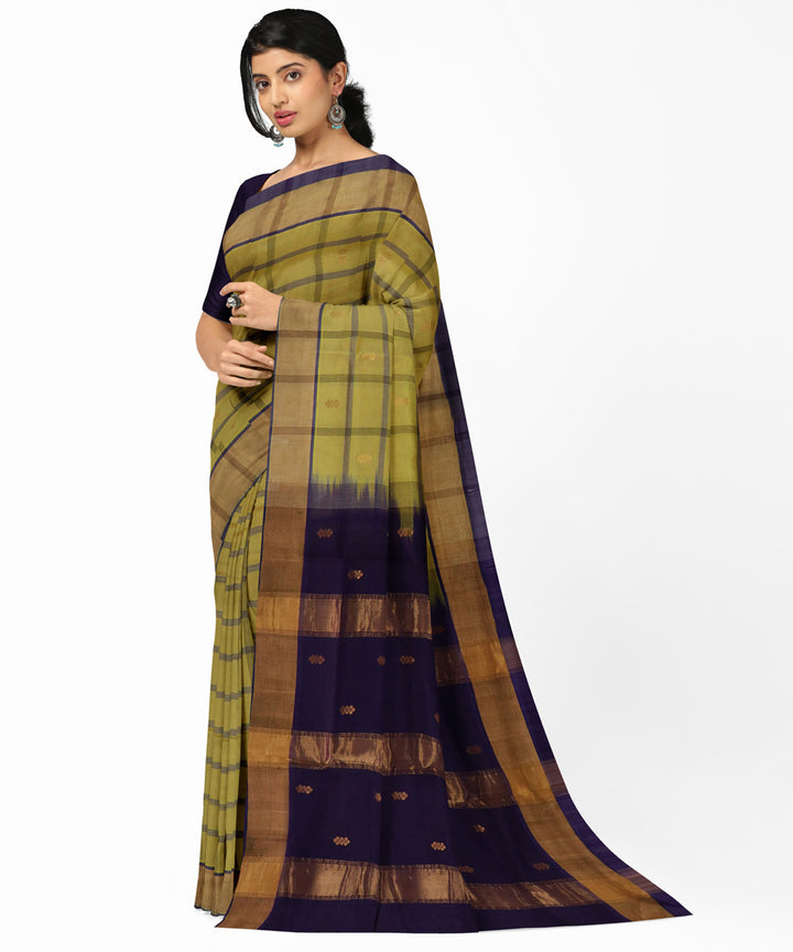 Lime green brown cotton silk handwoven venkatagiri saree