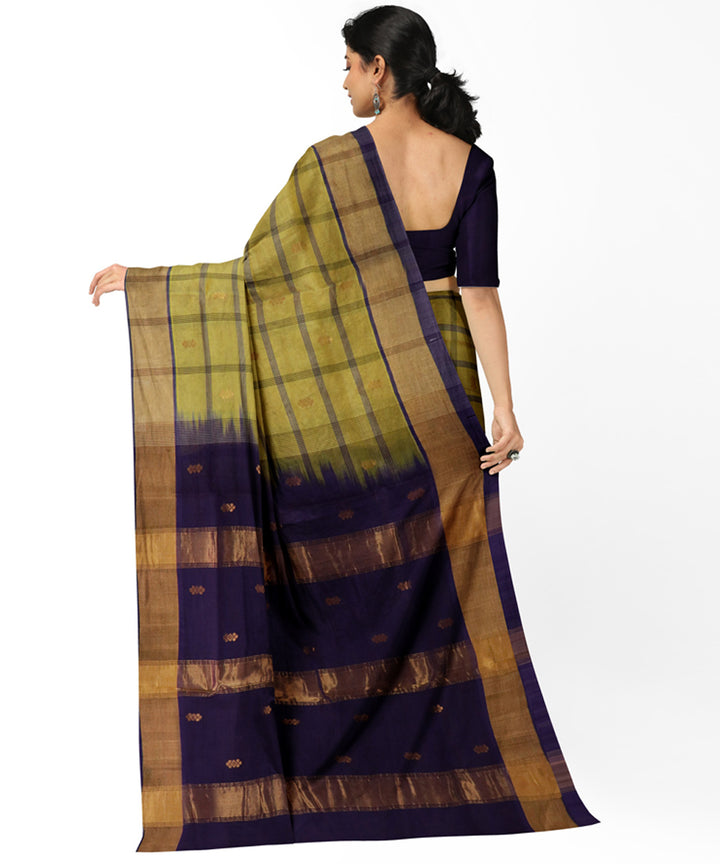 Lime green brown cotton silk handwoven venkatagiri saree