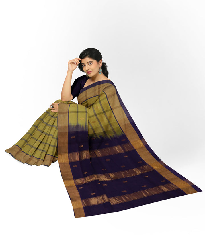 Lime green brown cotton silk handwoven venkatagiri saree