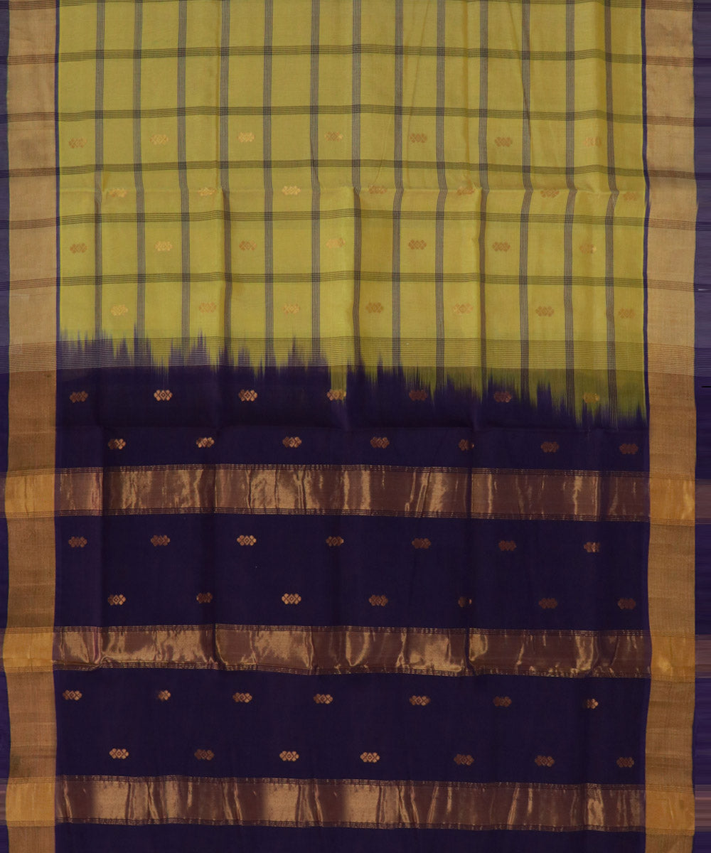 Lime green brown cotton silk handwoven venkatagiri saree
