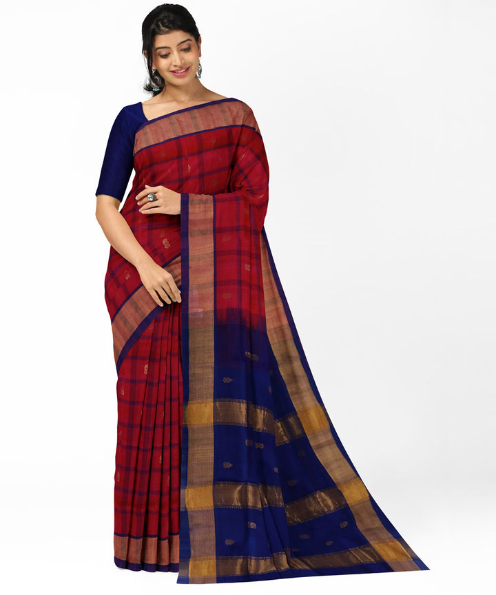 Red blue cotton silk handwoven venkatagiri saree