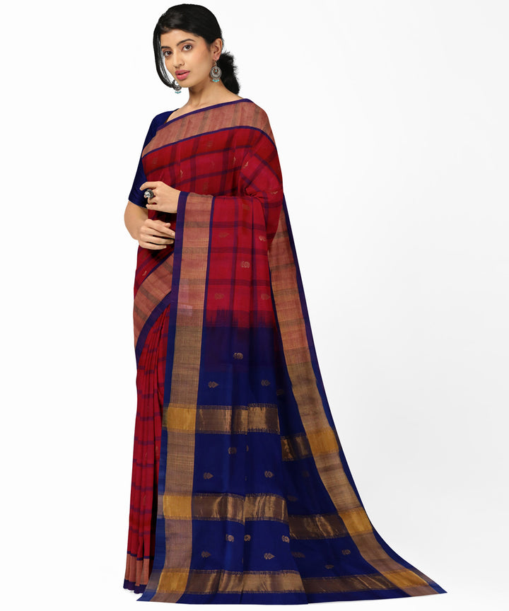 Red blue cotton silk handwoven venkatagiri saree