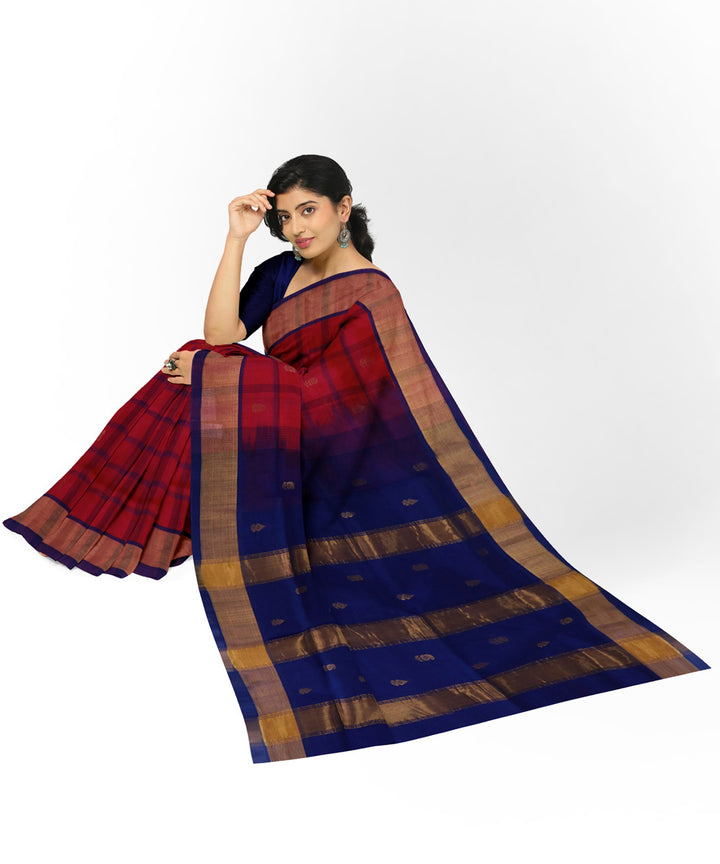 Red blue cotton silk handwoven venkatagiri saree