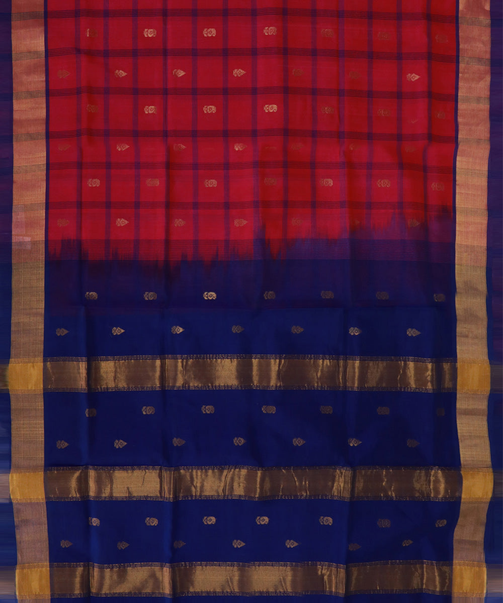 Red blue cotton silk handwoven venkatagiri saree