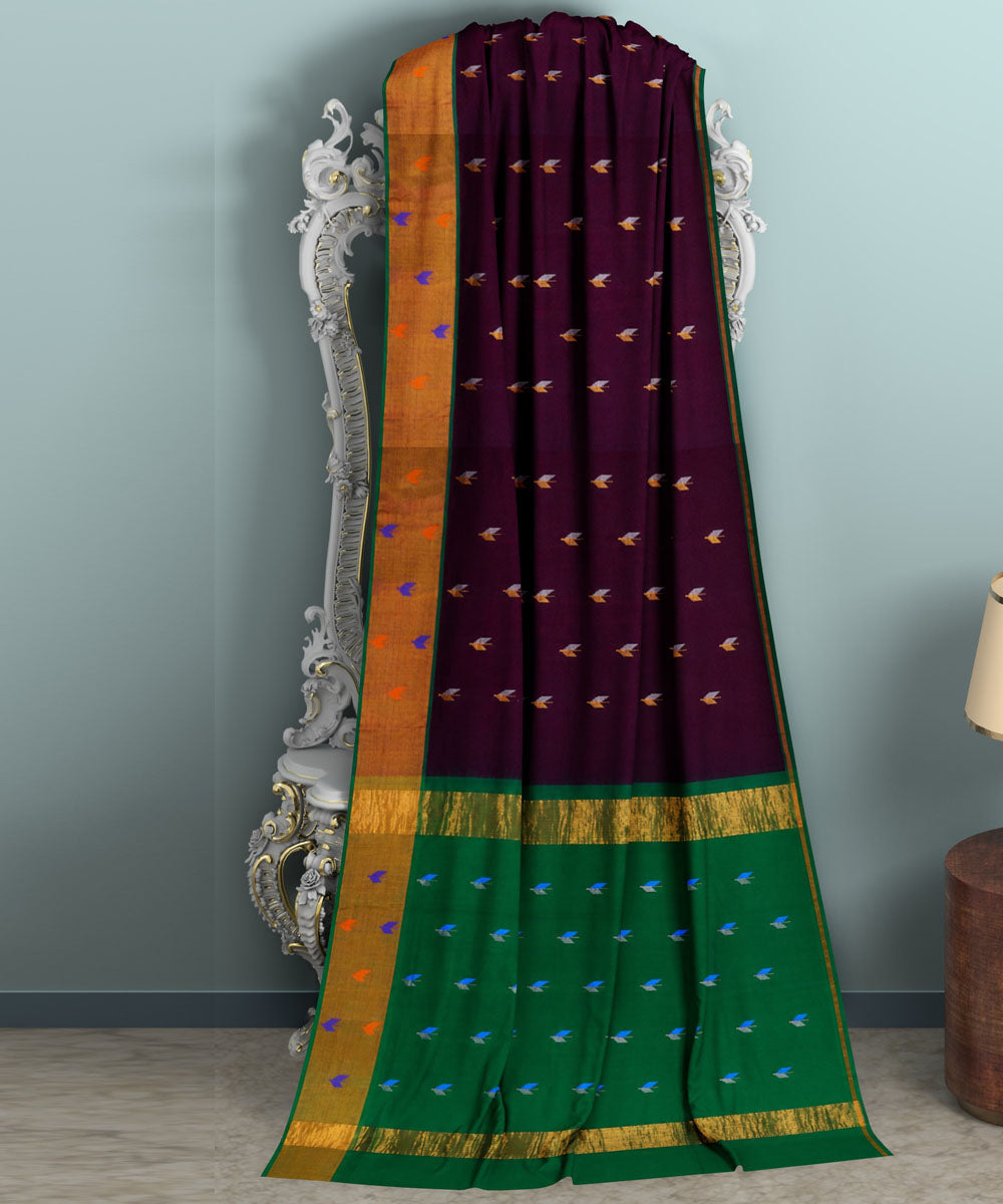 Brown green sico handwoven venkatagiri saree