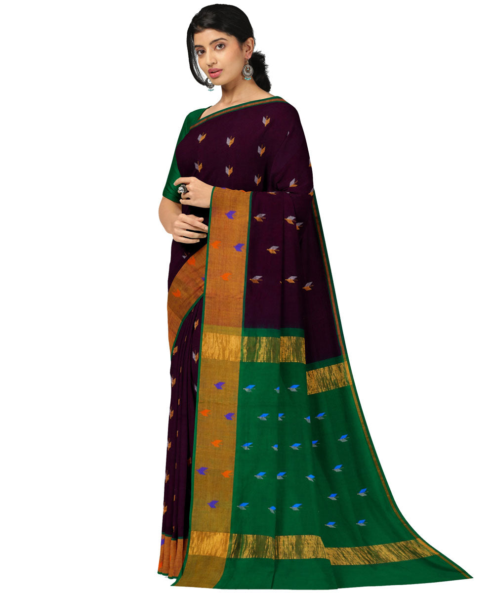 Brown green sico handwoven venkatagiri saree