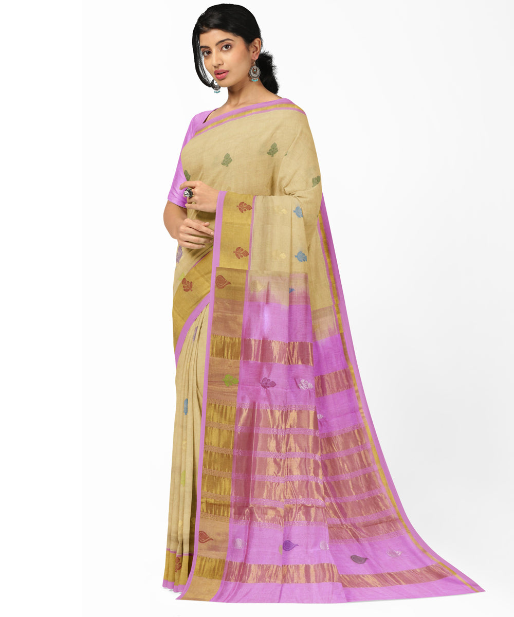 cream lavender Cotton Silk handwoven venkatagiri saree