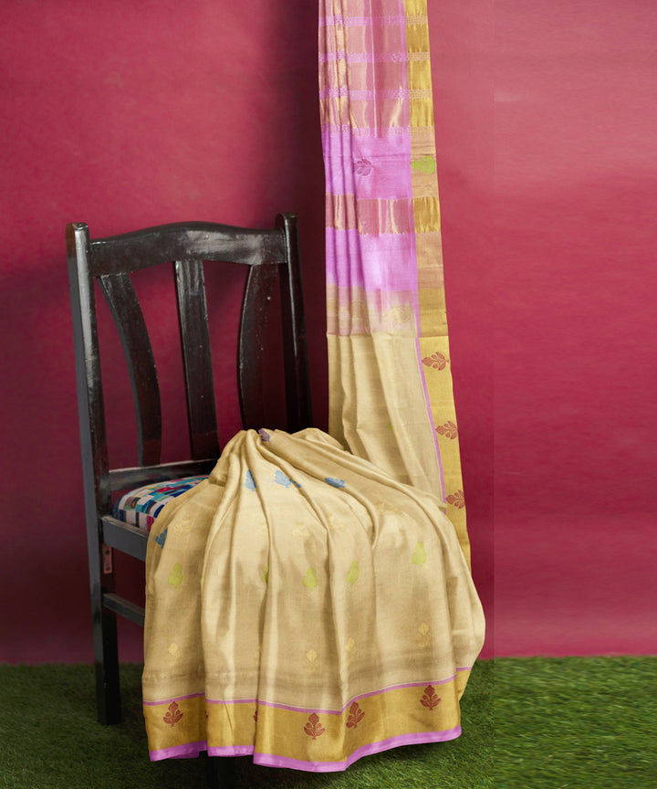 cream lavender Cotton Silk handwoven venkatagiri saree