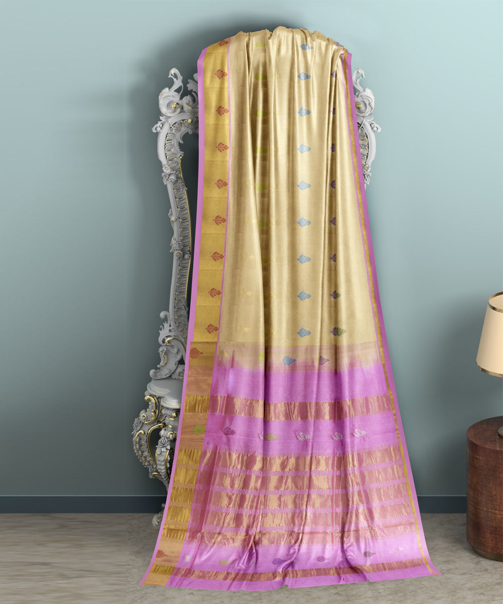 cream lavender Cotton Silk handwoven venkatagiri saree